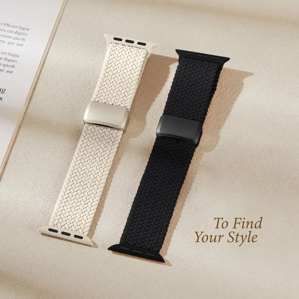 Two braided watch bands in beige and black displayed on a textured surface.