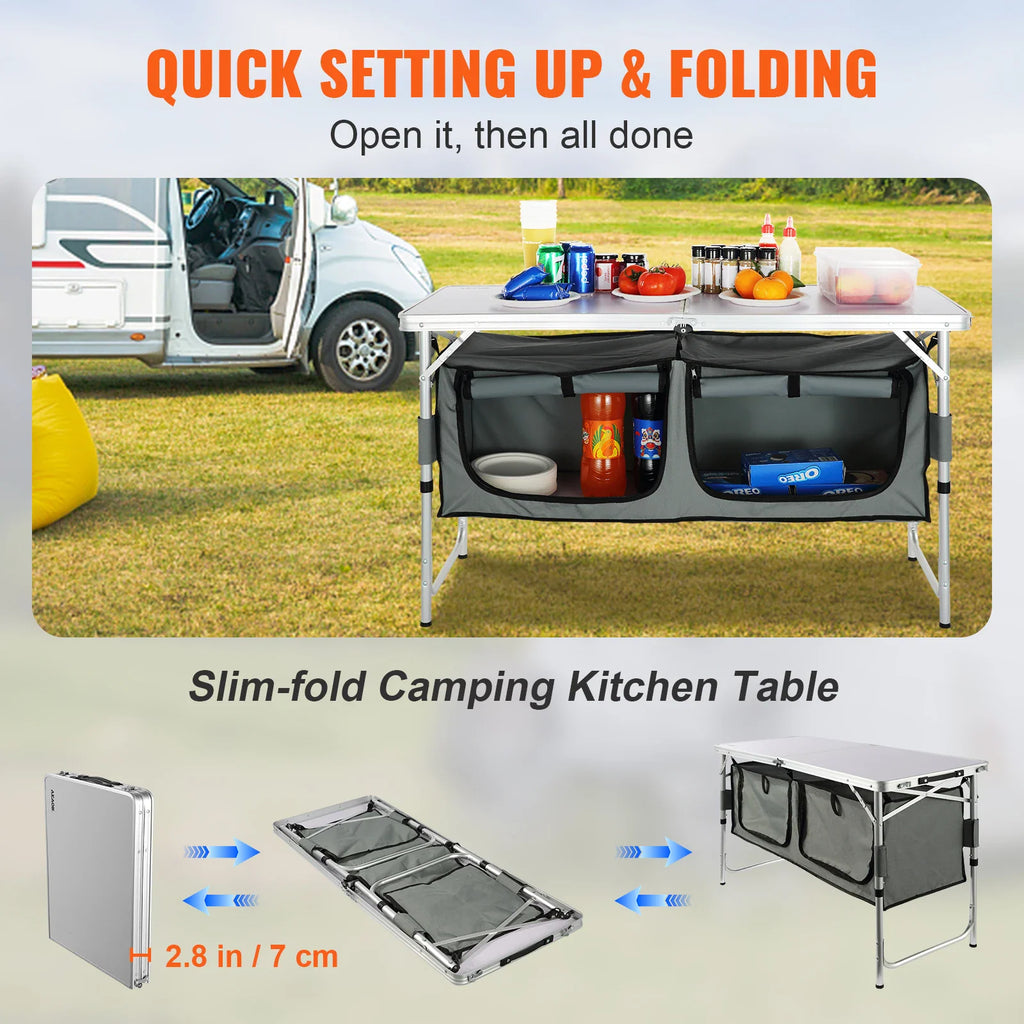 Collage showing a foldable camping kitchen table, its storage compartments, and the folded unit