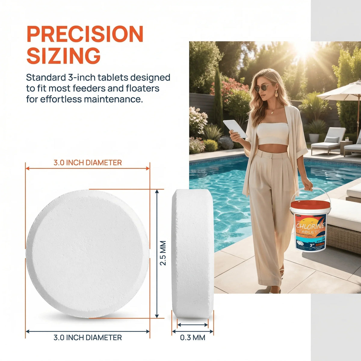 A woman holding a bucket of pool chlorine tablets near a swimming pool, with sizing diagrams for 3-inch tablets.