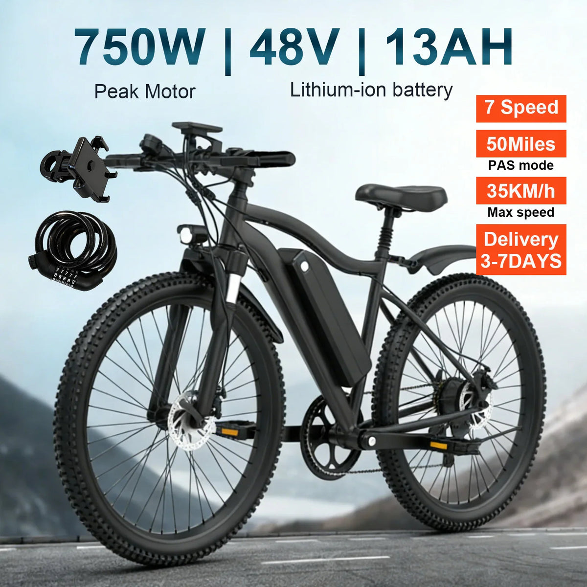 Black mountain electric bike with accessories