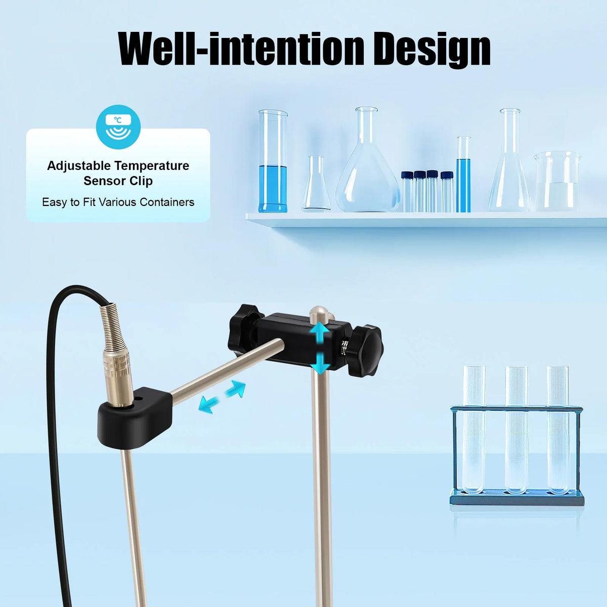 Close up of the adjustable temperature sensor clip on a laboratory magnetic stirrer