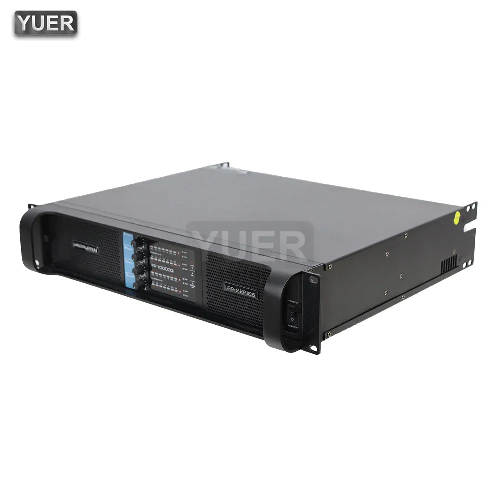 Angled front view of black 4-channel digital power amplifier