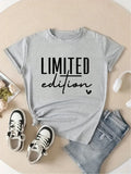Grey women's round neck t-shirt with Limited Edition text and heart graphic