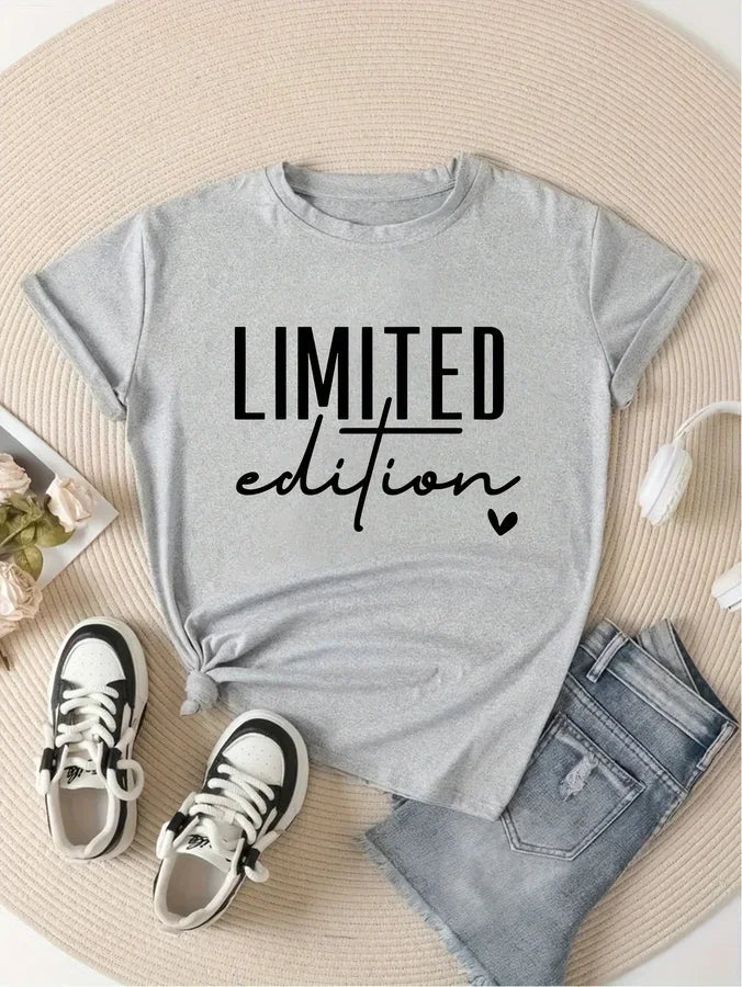 Grey women's round neck t-shirt with Limited Edition text and heart graphic