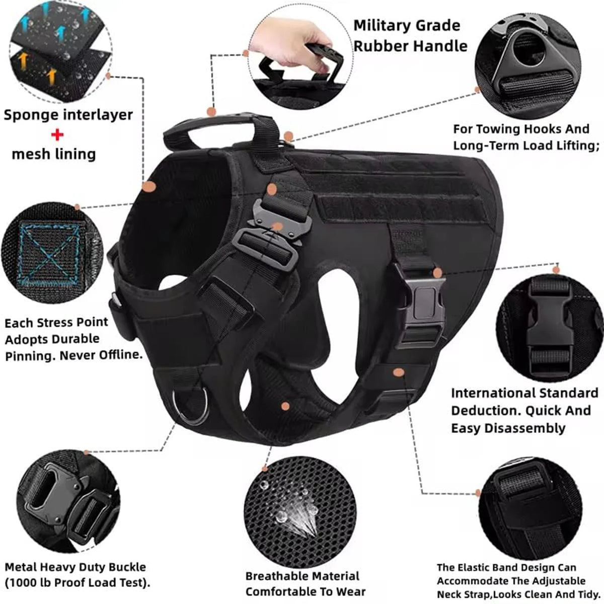 Tactical dog harness with callouts for mesh lining, metal buckles, and rubber handle