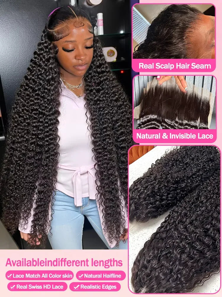 Deep wave human hair wig on a mannequin head with close up views of the hairline and hair bundle