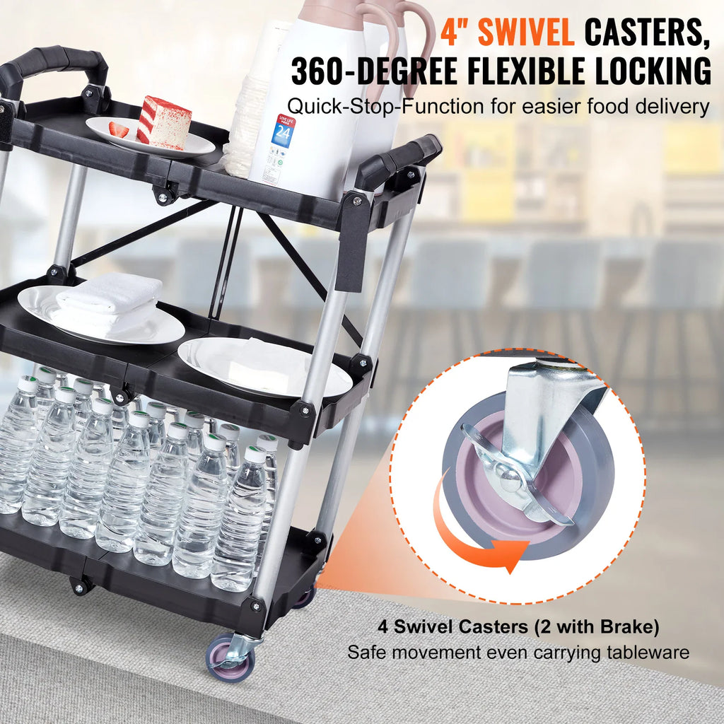Foldable utility cart loaded with food and water bottles, featuring a close-up of a locking caster wheel