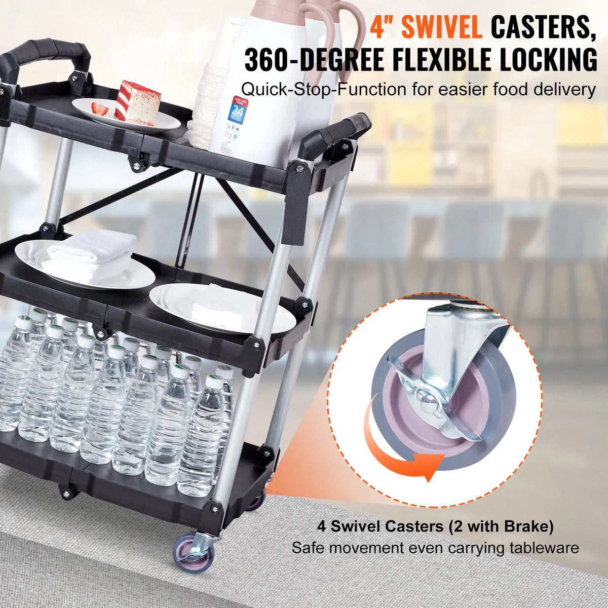 Foldable utility cart loaded with food and water bottles, featuring a close-up of a locking caster wheel