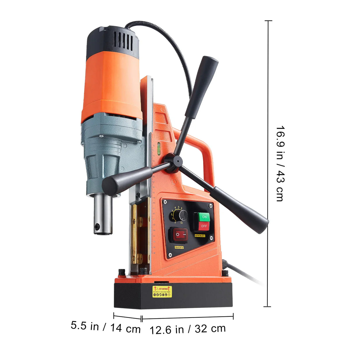 Magnetic drilling machine with dimension labels for height, width, and length.