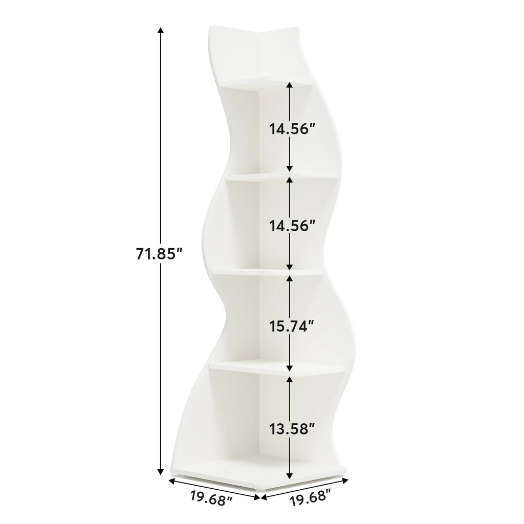 Technical diagram showing the height and width measurements of a white 5-tier corner shelf