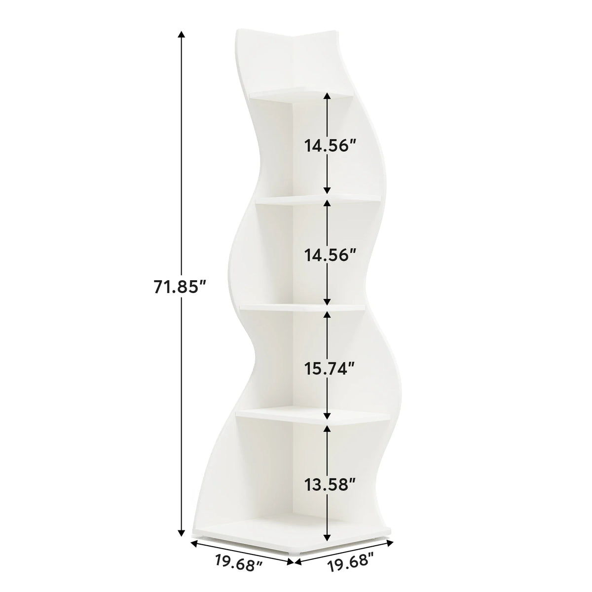 Technical diagram showing the height and width measurements of a white 5-tier corner shelf