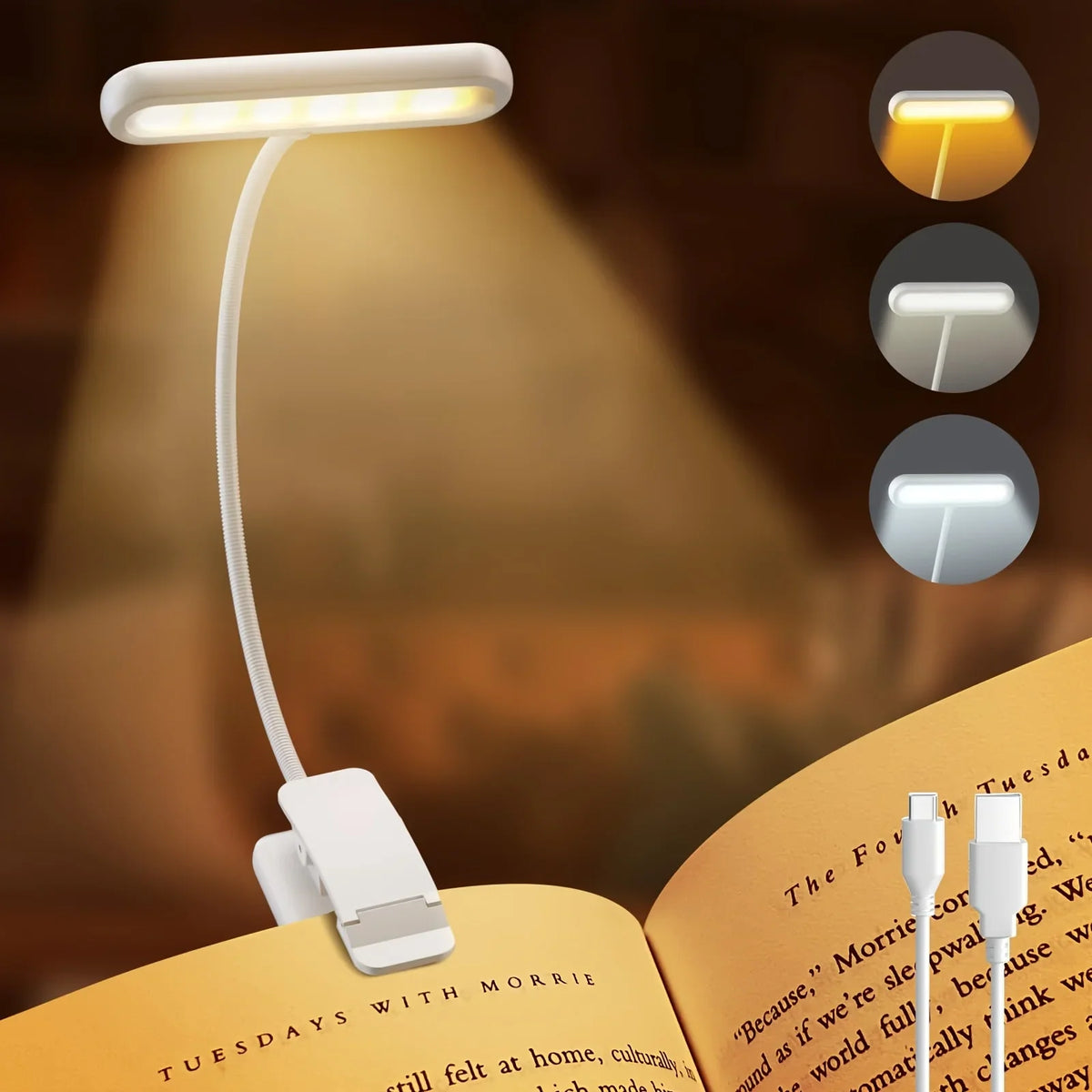 White rechargeable clip-on book light with three adjustable lighting modes