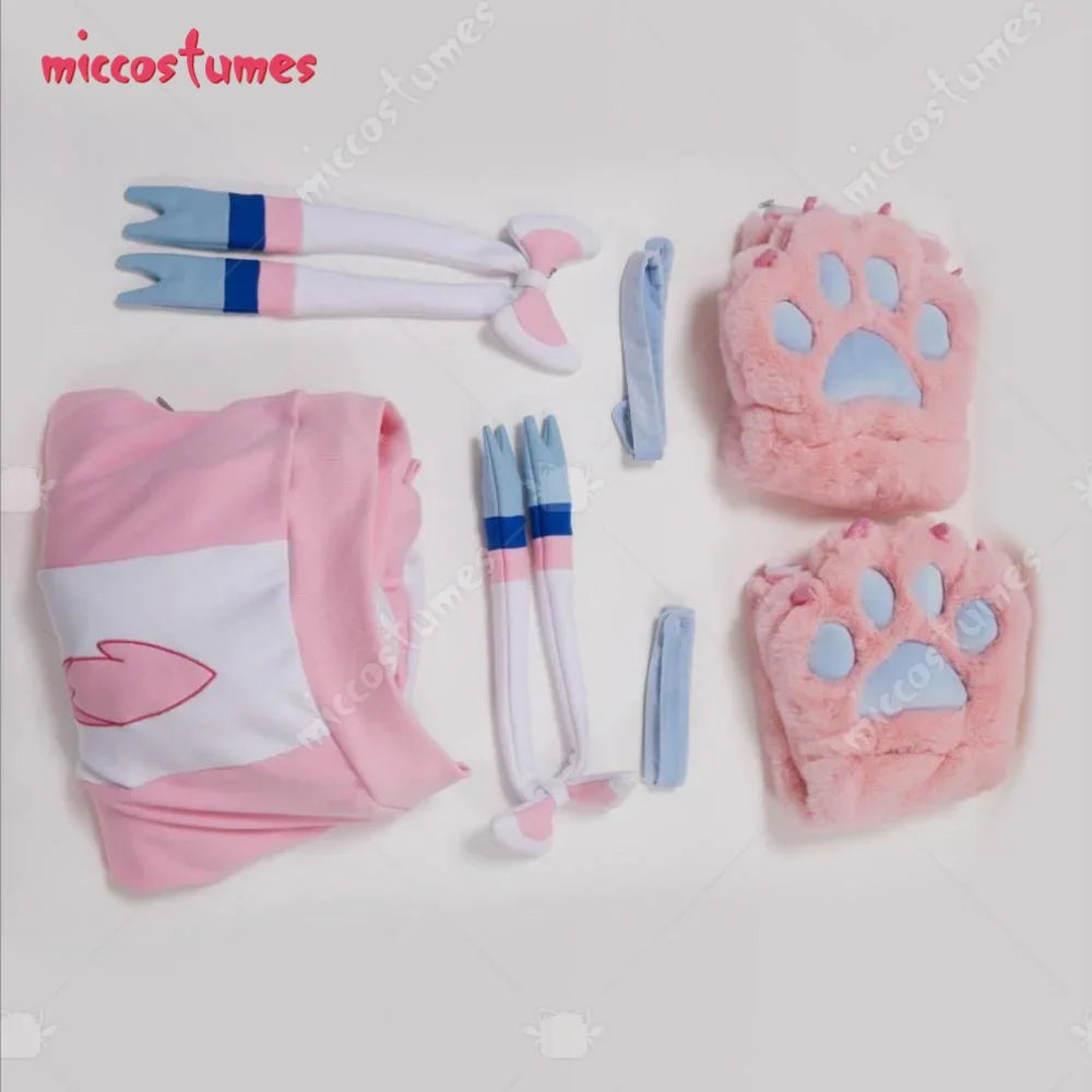A set of cosplay items including a pink hoodie, fur cat paw gloves, and decorative ear accessories