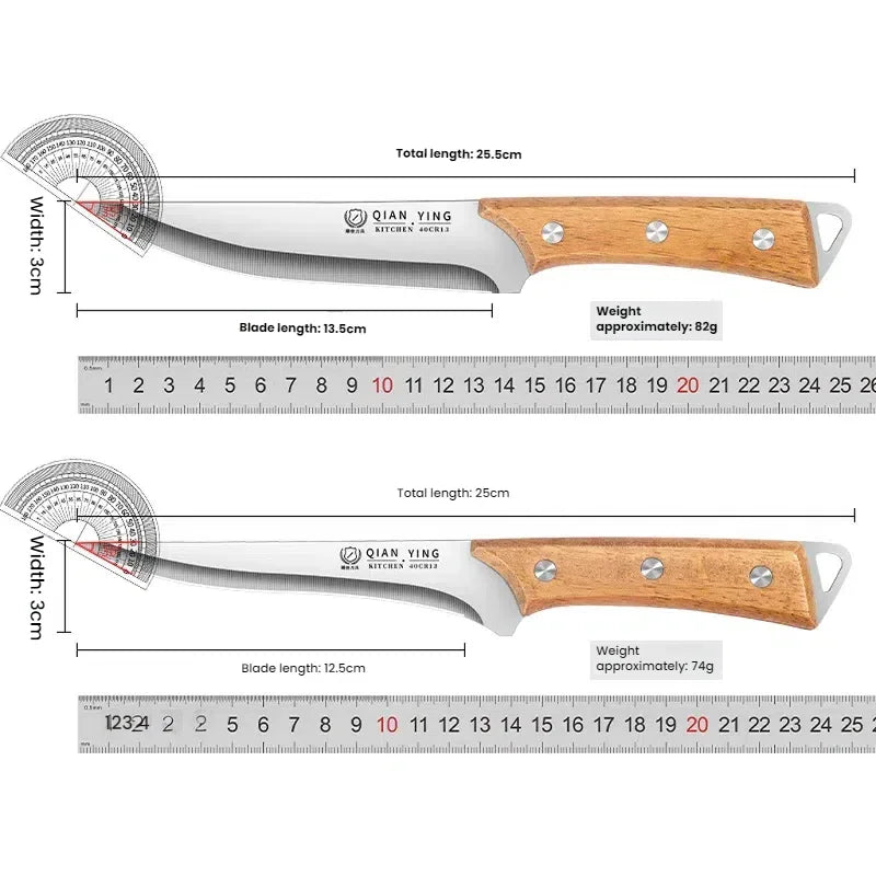 Two boning knives measured against a ruler and protractor to show dimensions and weight