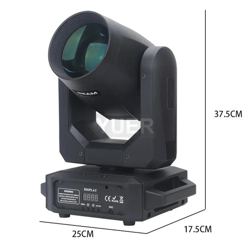 Moving head stage light with dimensions marked on a white background