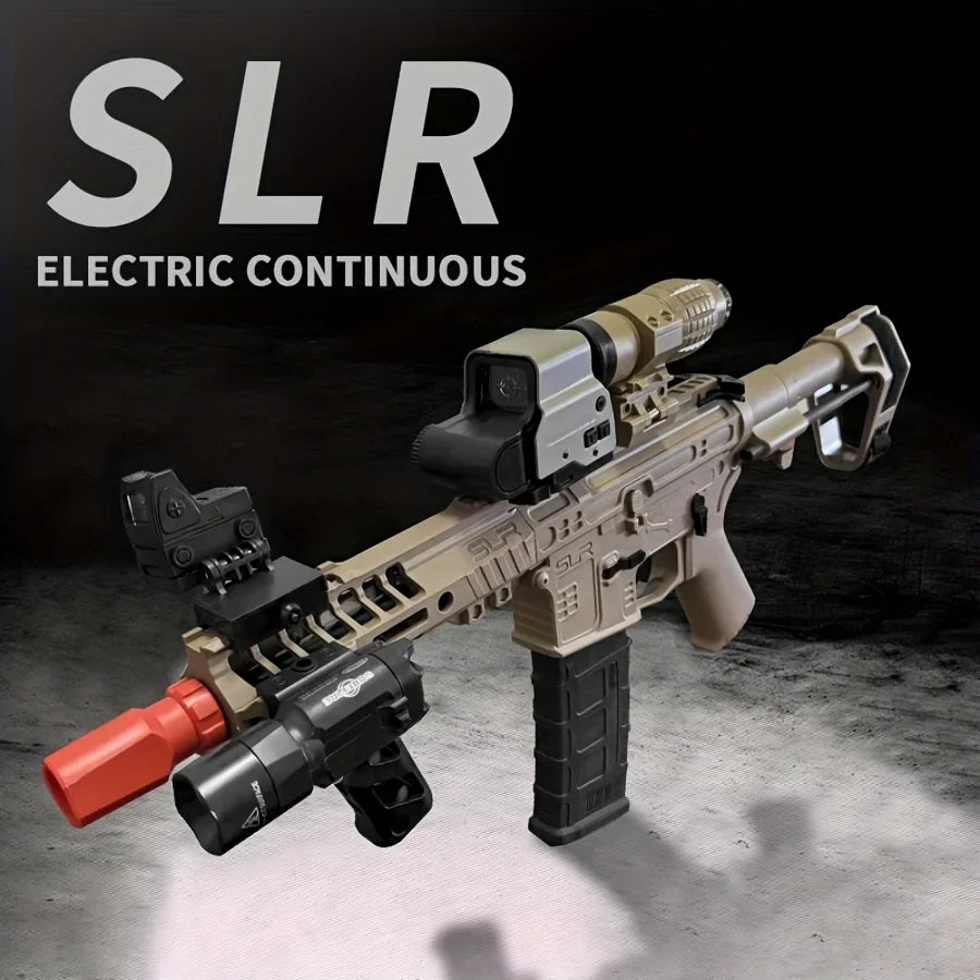 Tan electric gel ball blaster rifle with optical sight and tactical flashlight