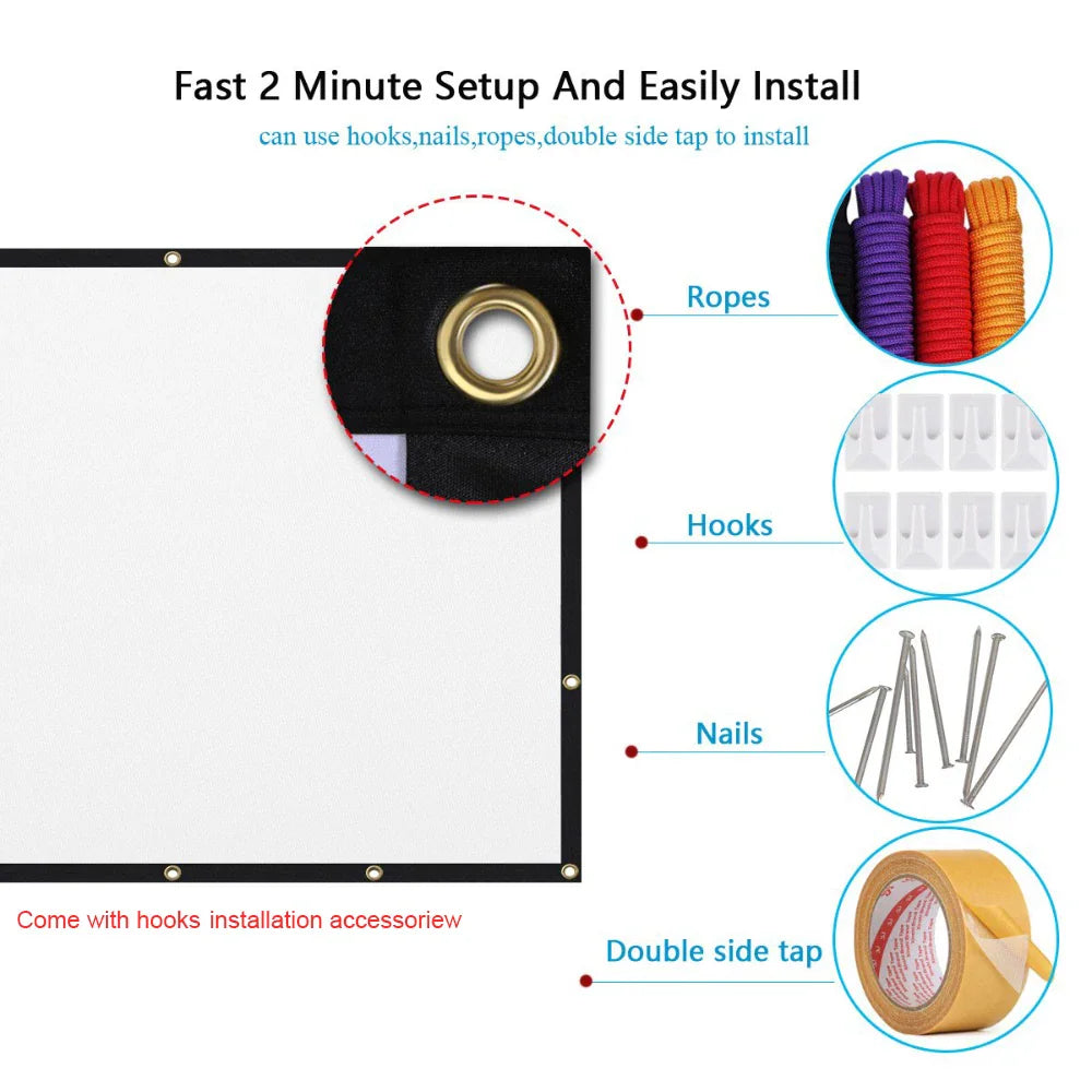 Portable projection screen installation accessories including ropes, hooks, nails, and double-sided tape