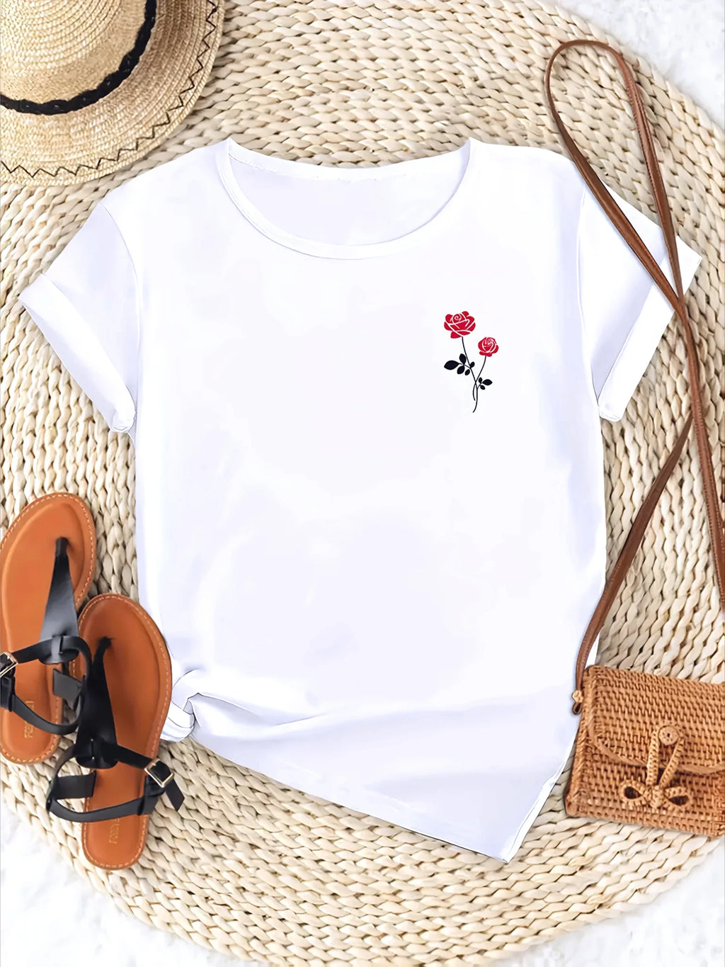 White short-sleeved t-shirt with a small red rose print, styled with a straw hat, sandals, and a small woven bag