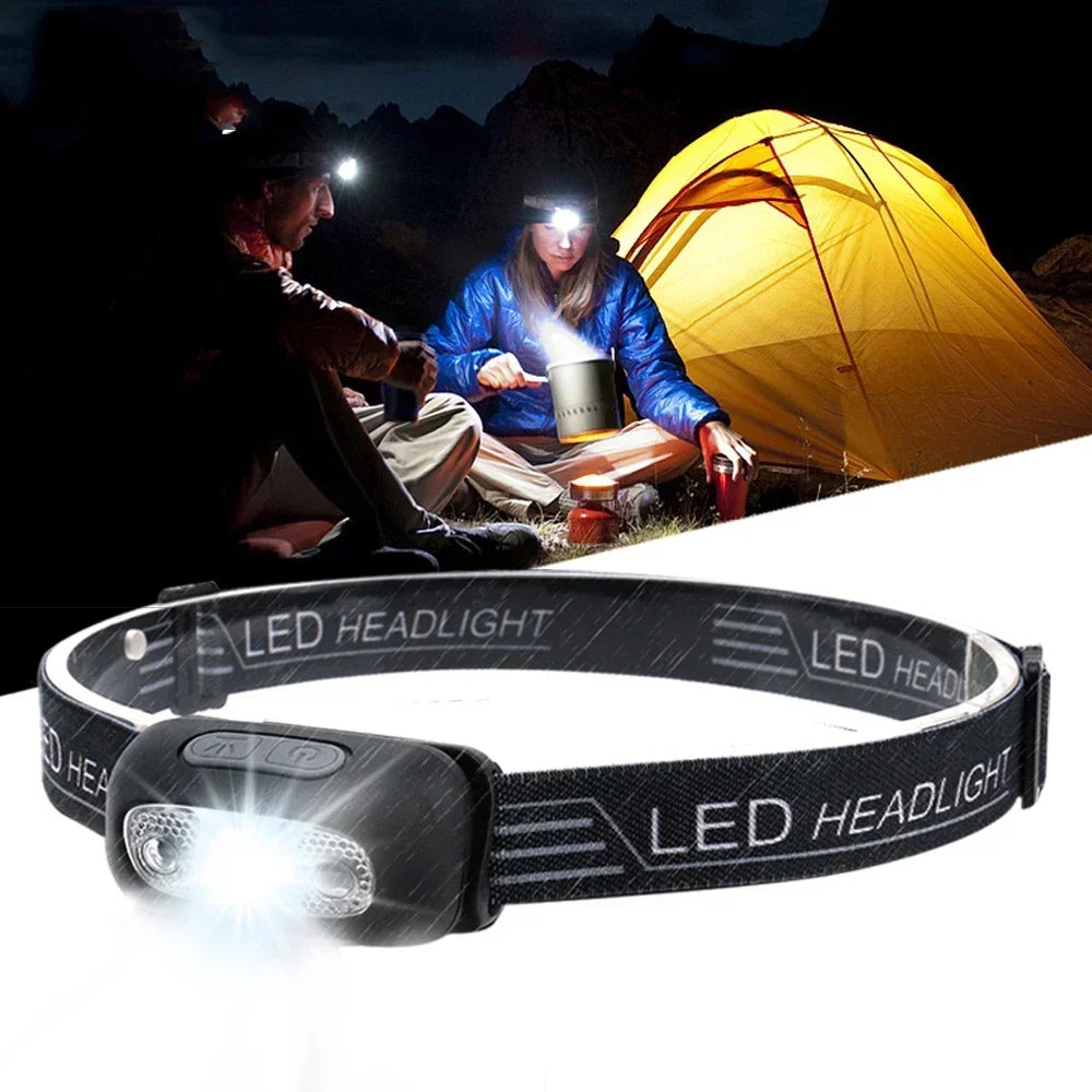 Black LED headlamp with people camping in the background at night