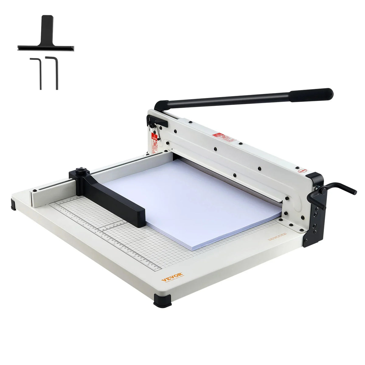 White and black heavy-duty paper stack cutter with tools for office use.