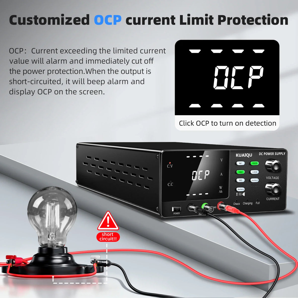 60V 20A DC power supply with over current protection feature engaged