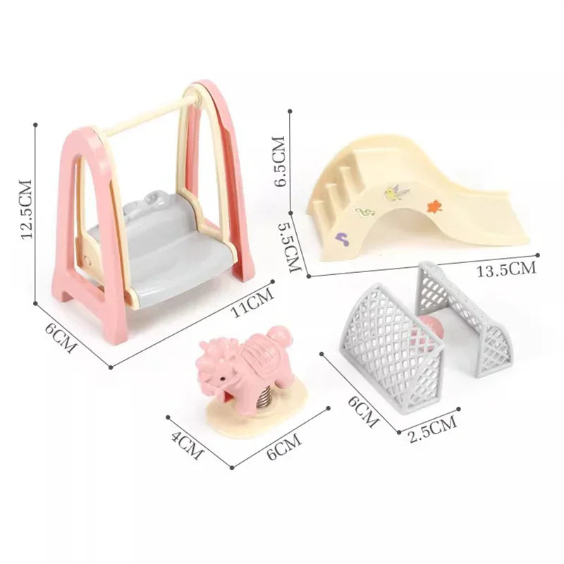 Miniature playground equipment for dolls including a swing, slide, and rocking horse with measurement labels.