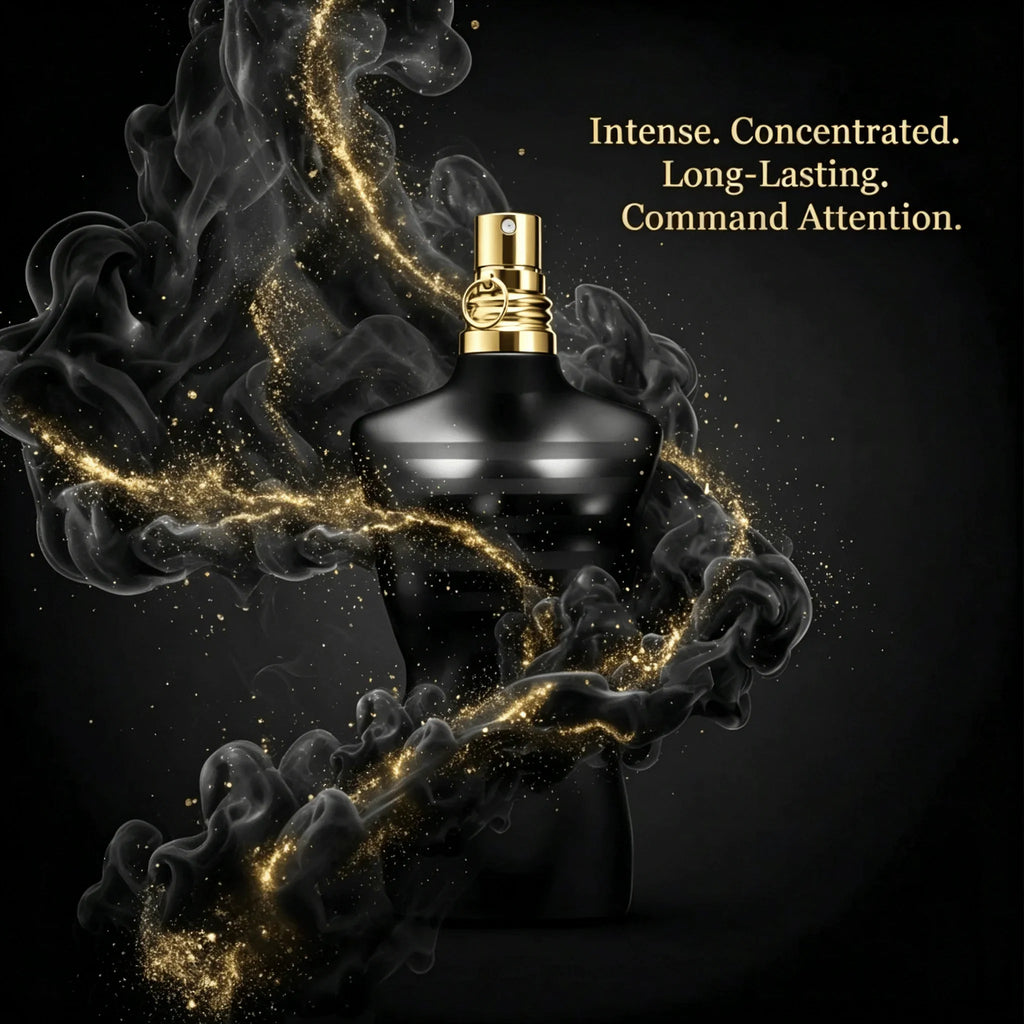 Men's black fragrance bottle surrounded by swirling black and gold smoke effects