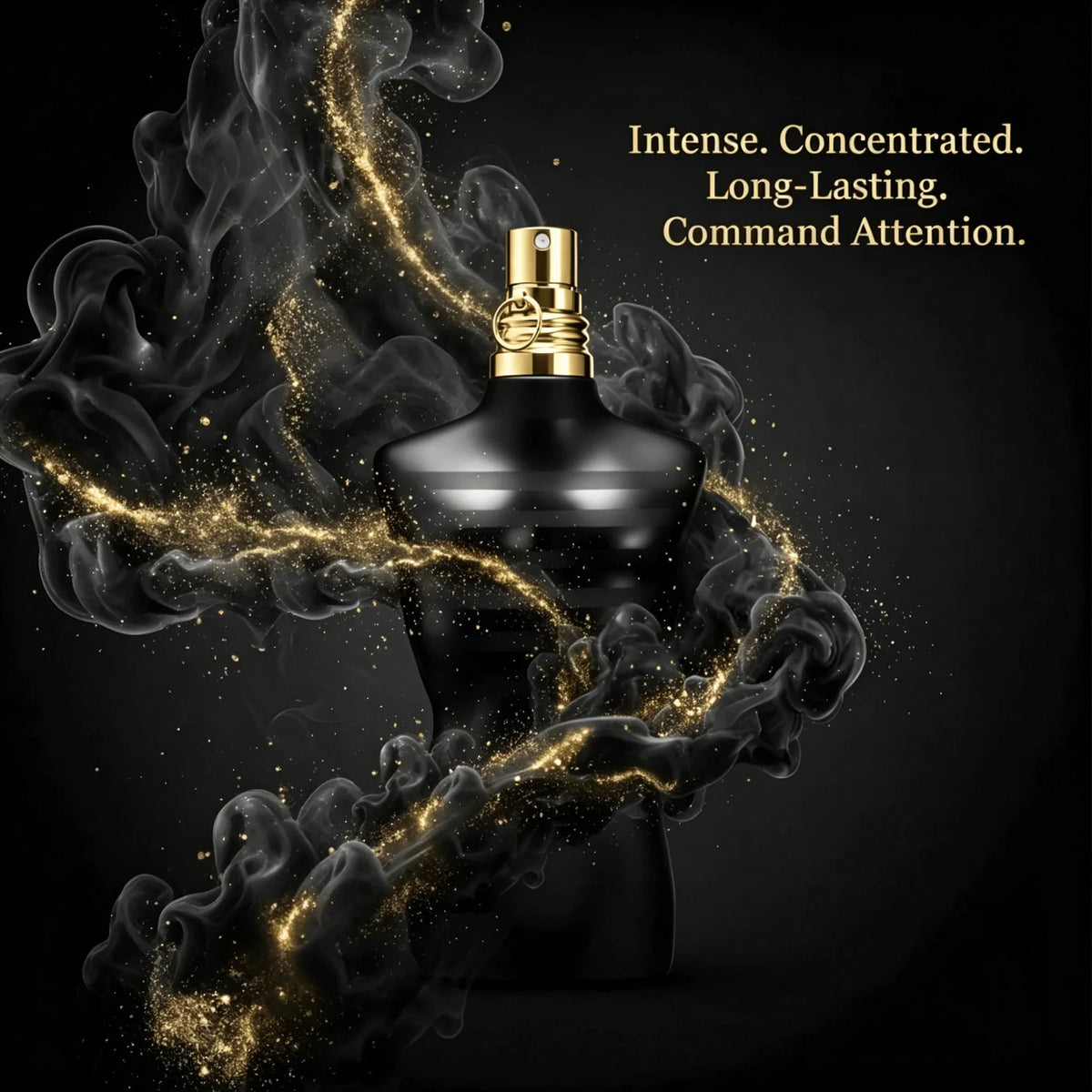 Men's black fragrance bottle surrounded by swirling black and gold smoke effects