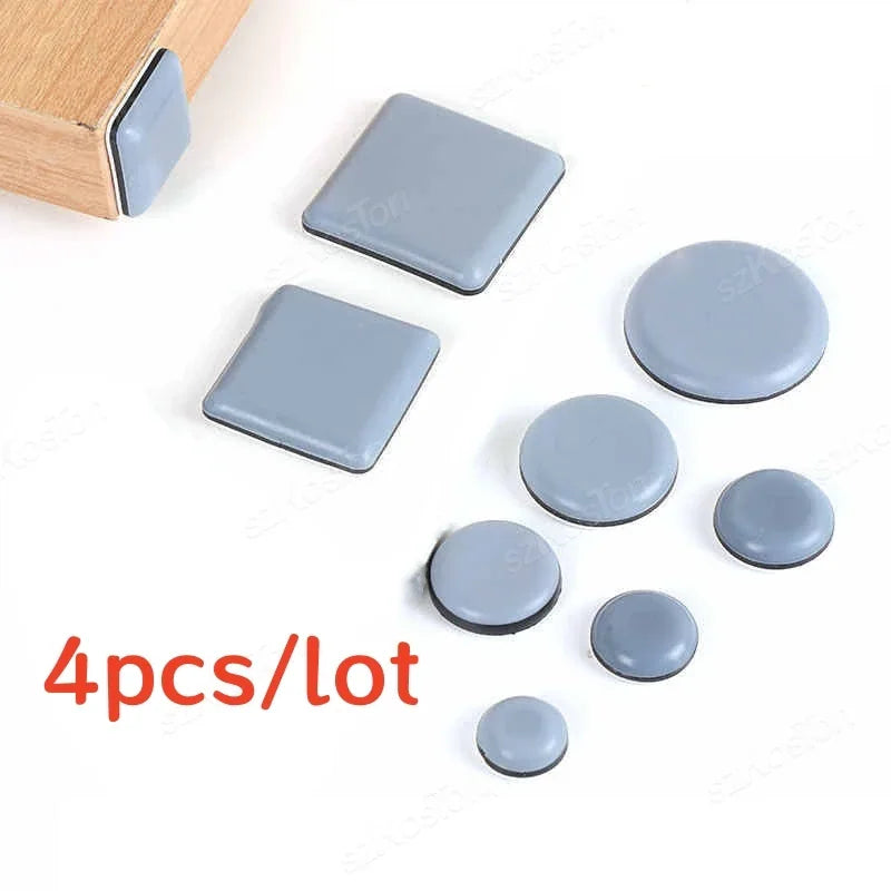 A pack of 4 square and round furniture glider pads made of PE plastic for floor protection.