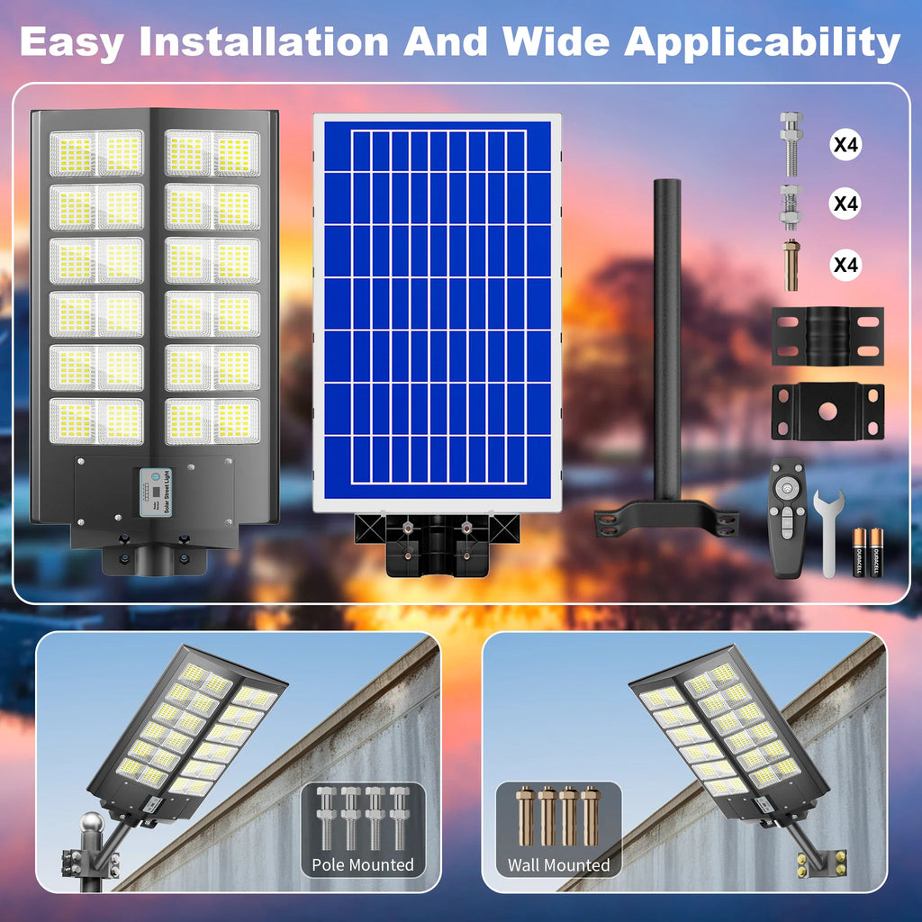 A set of solar street light components including solar panel, light, remote control, and mounting hardware.