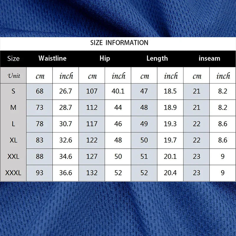 Size chart table for men's shorts with measurements in centimeters and inches