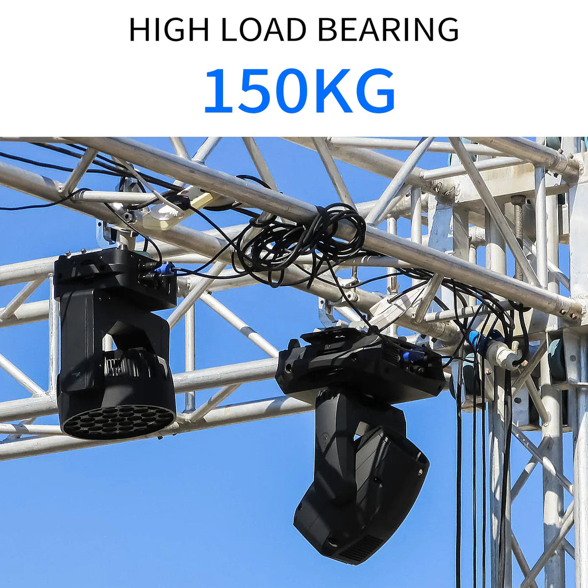 Heavy duty stage light truss clamp shown in use with moving head lights