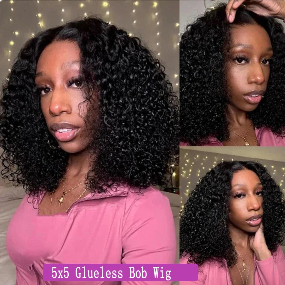A woman wearing a 5x5 glueless curly bob human hair wig, showing various styles
