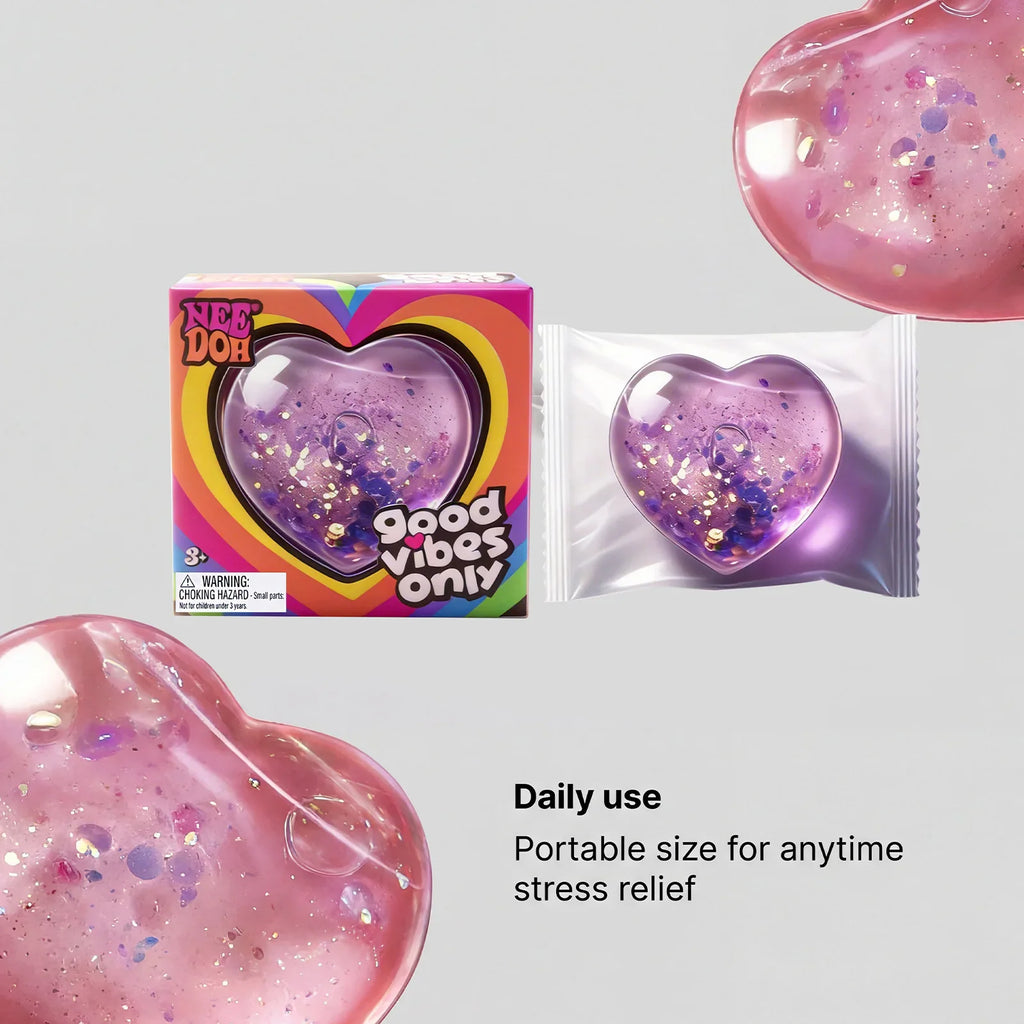 Purple heart shaped squishy stress relief toy in box and packaging