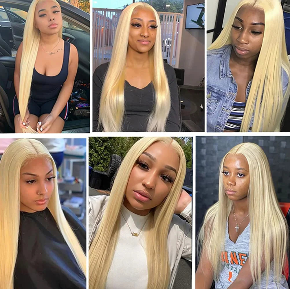 Collage of women wearing straight blonde wigs