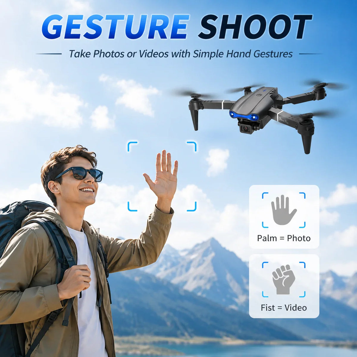 Man using hand gestures to control a foldable drone for photos and videos.