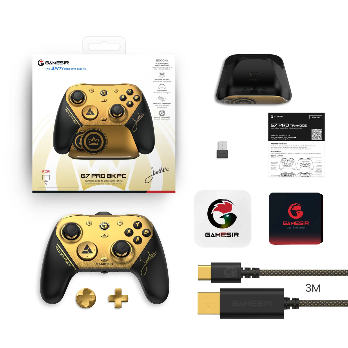 PC gaming controller in original box with charging dock, cable, and accessories