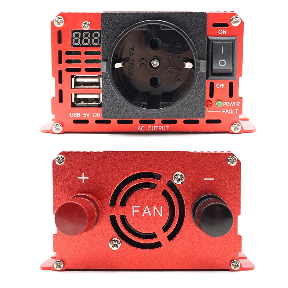 Front and back view of a red 500W car power inverter with sockets and cooling fan