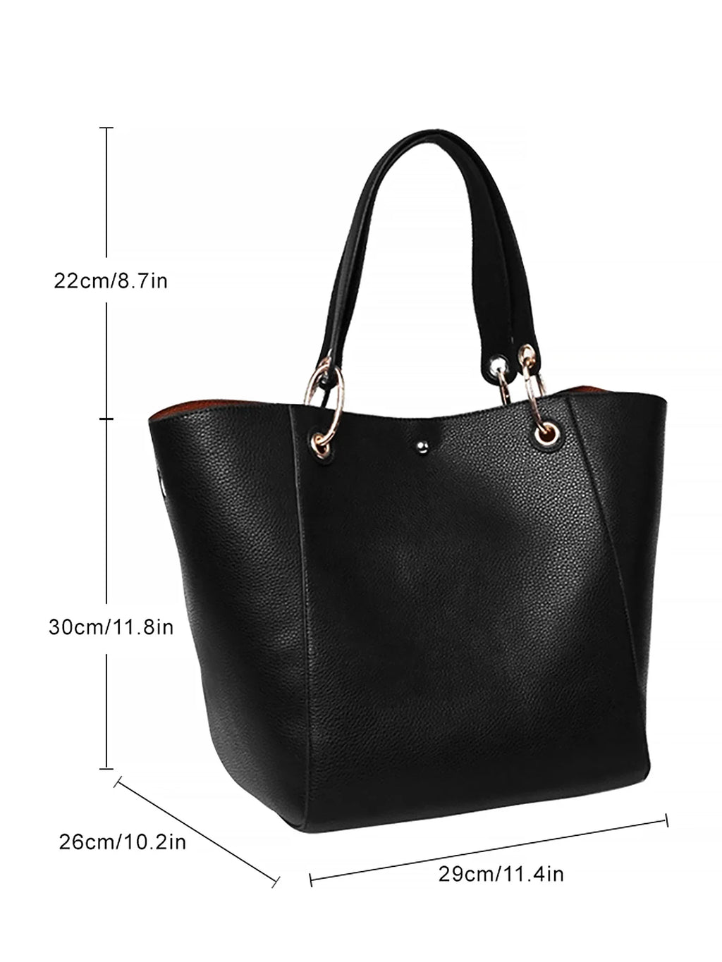 Black tote bag with dimensions shown in centimeters and inches
