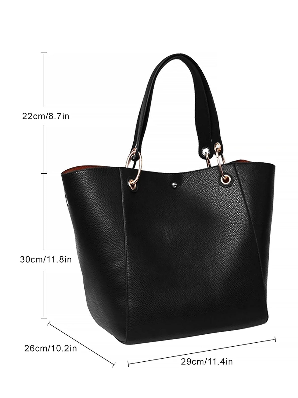 Black tote bag with dimensions shown in centimeters and inches