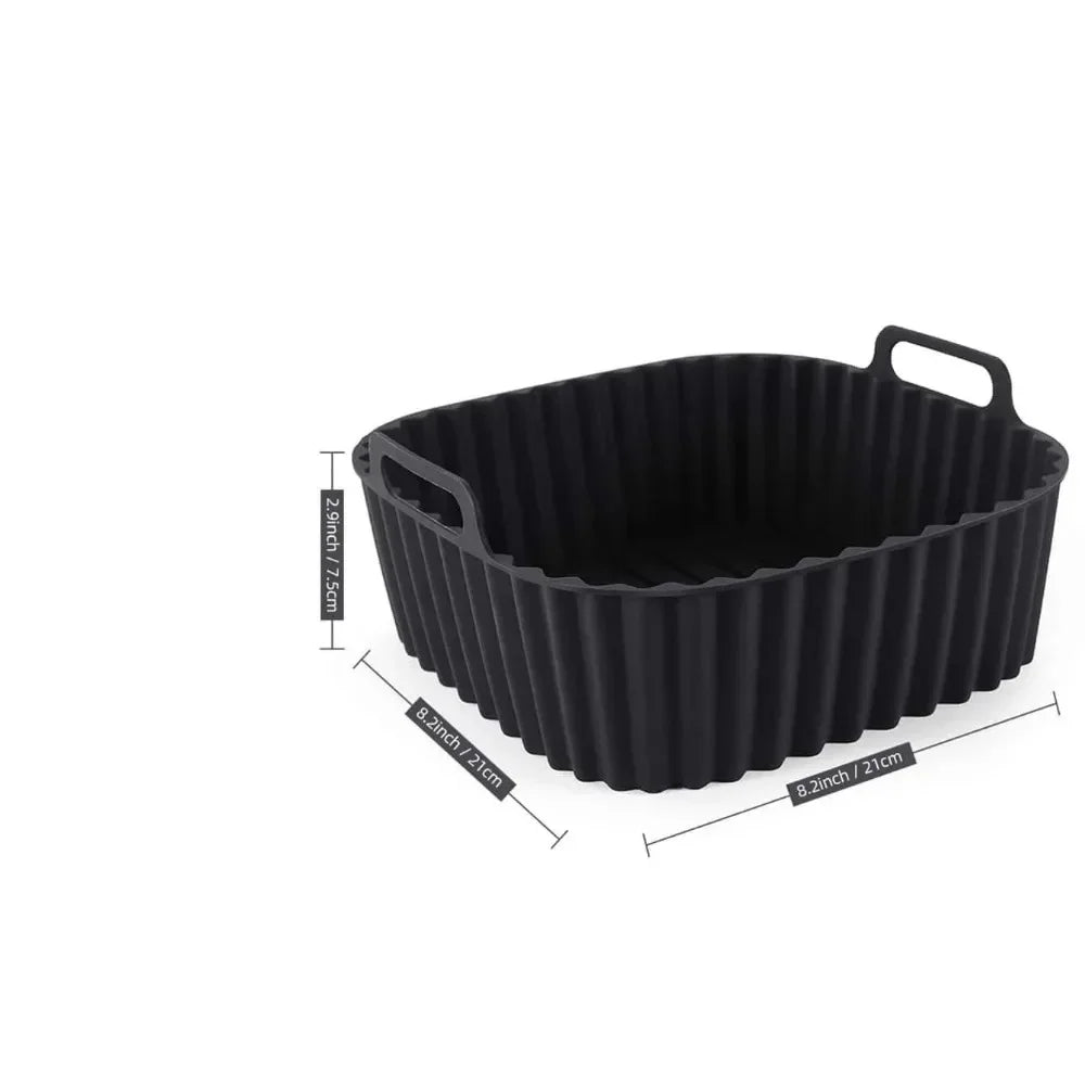 Black silicone air fryer basket liner with dimensions shown in inches and centimeters