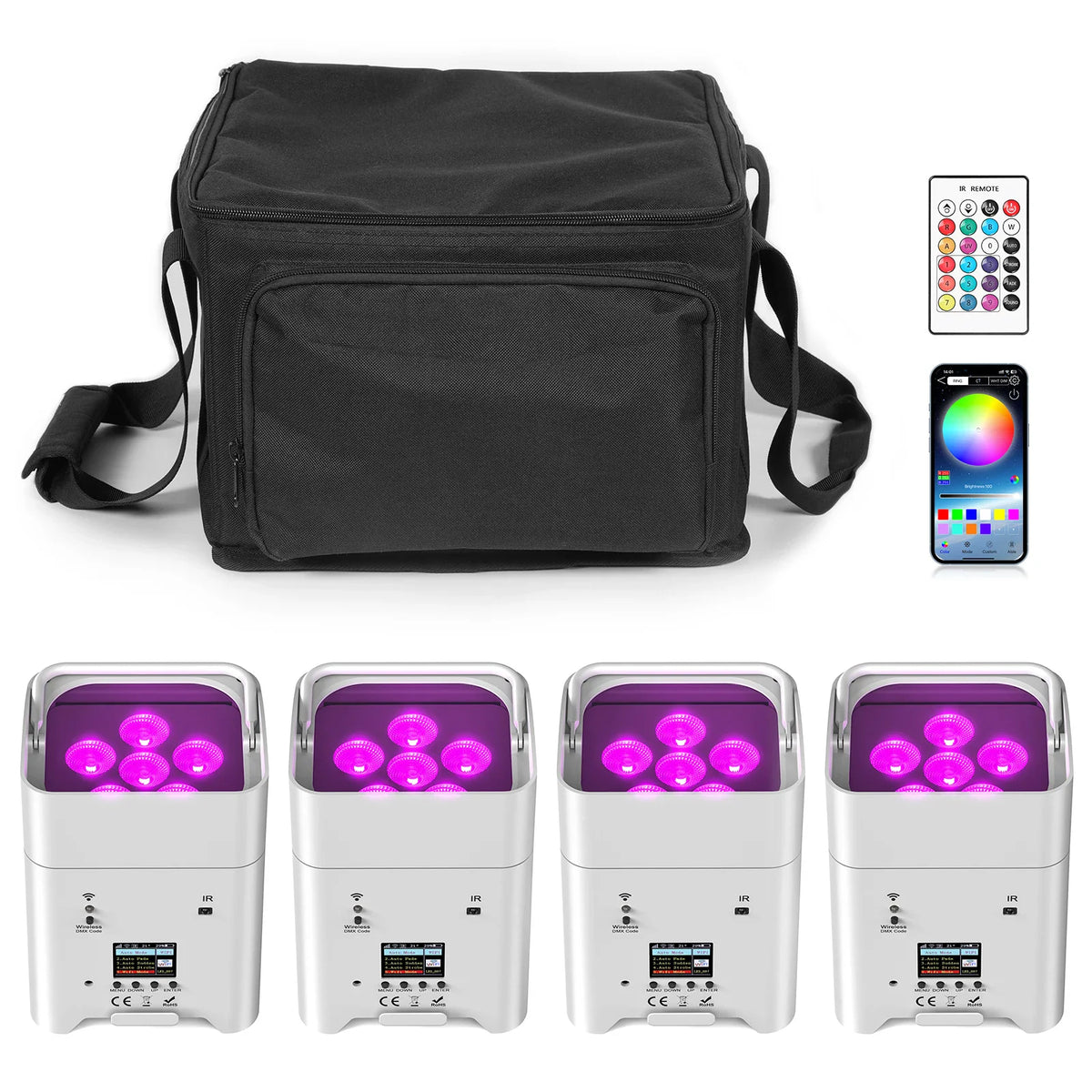 Four white LED par stage lights with a carry bag and a remote control