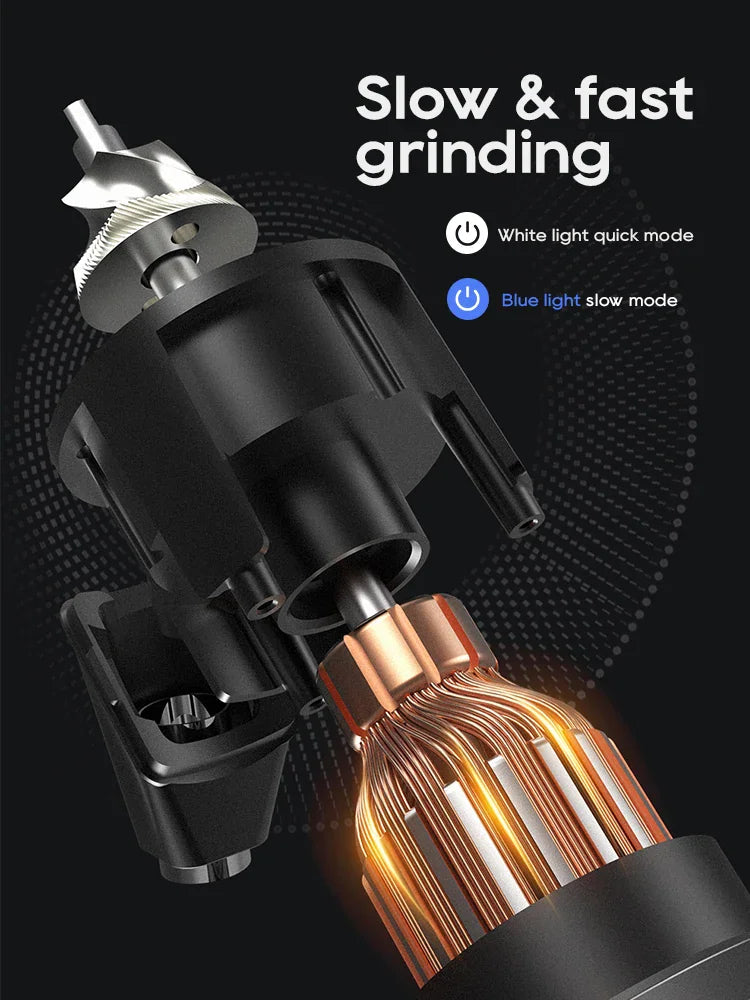 Technical illustration of the electric coffee grinder motor and speed settings