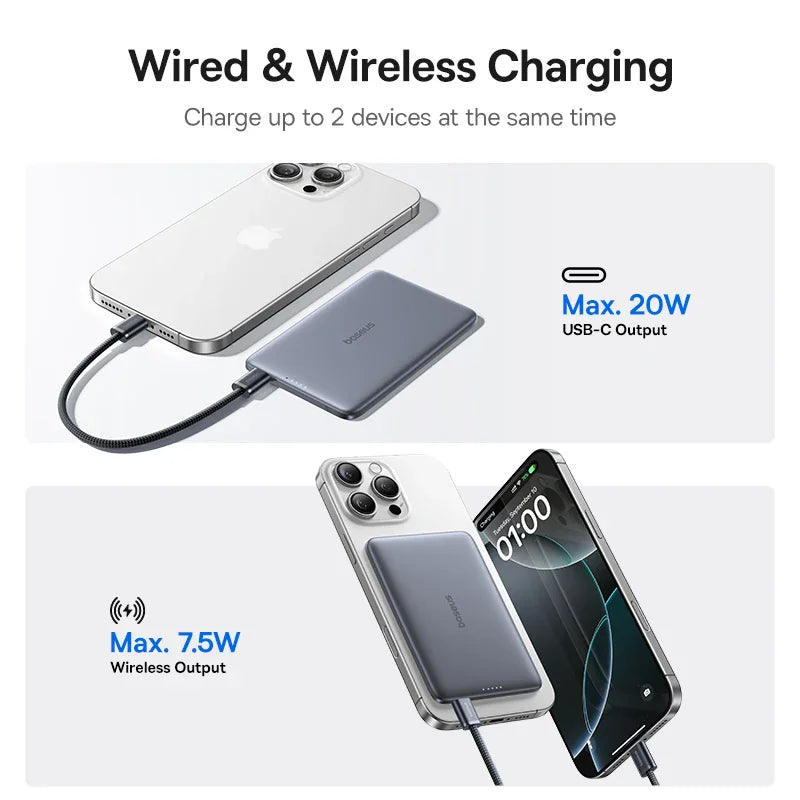 Magnetic portable power bank charging a smartphone with wired and wireless options.