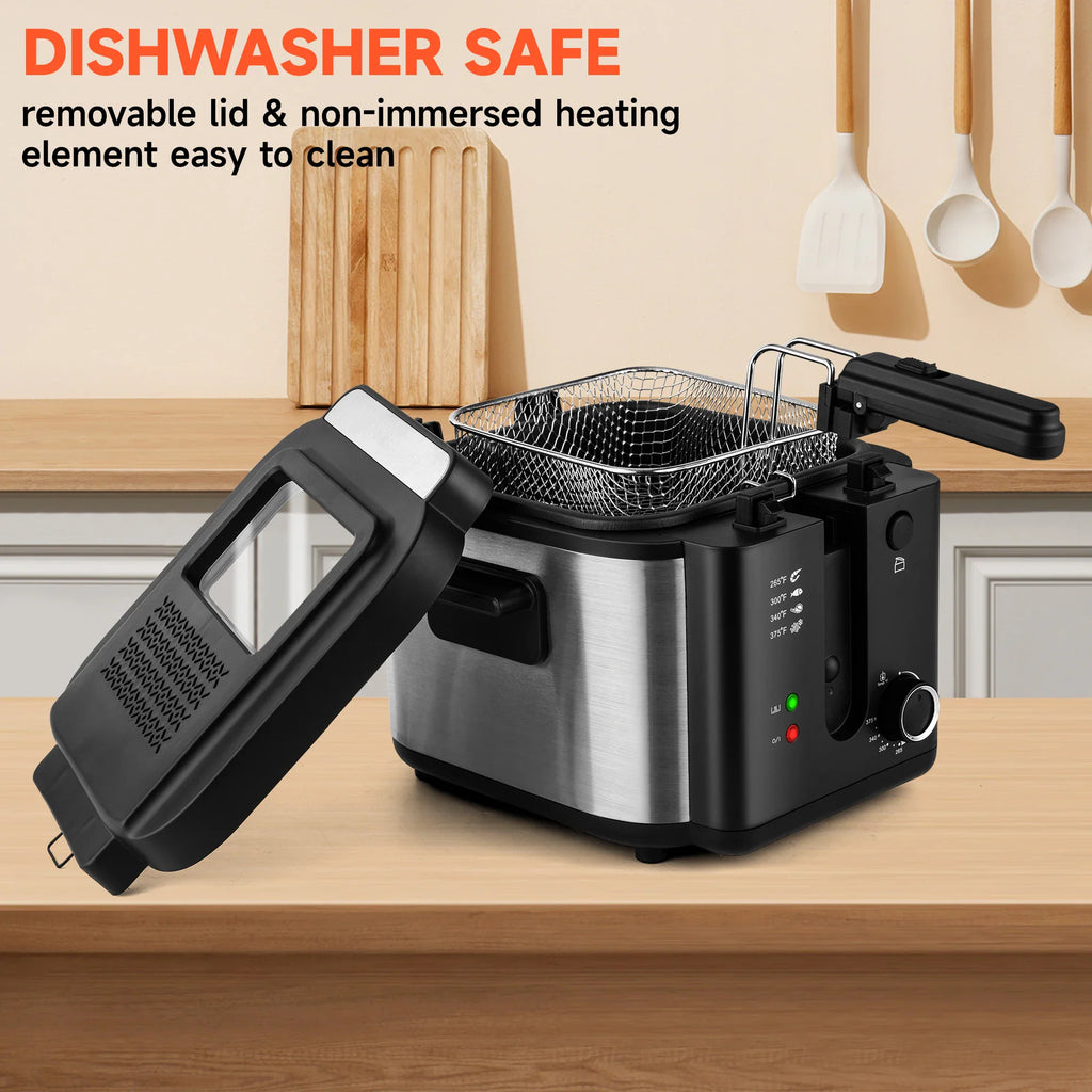 Stainless steel deep fryer on a kitchen counter with removable lid.