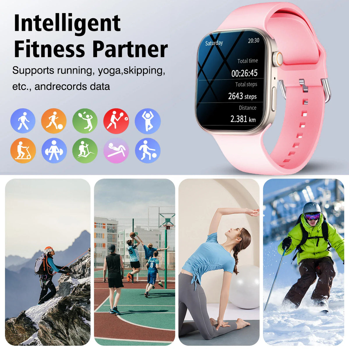 A pink smartwatch shown with fitness activity icons and scenes of people doing sports.
