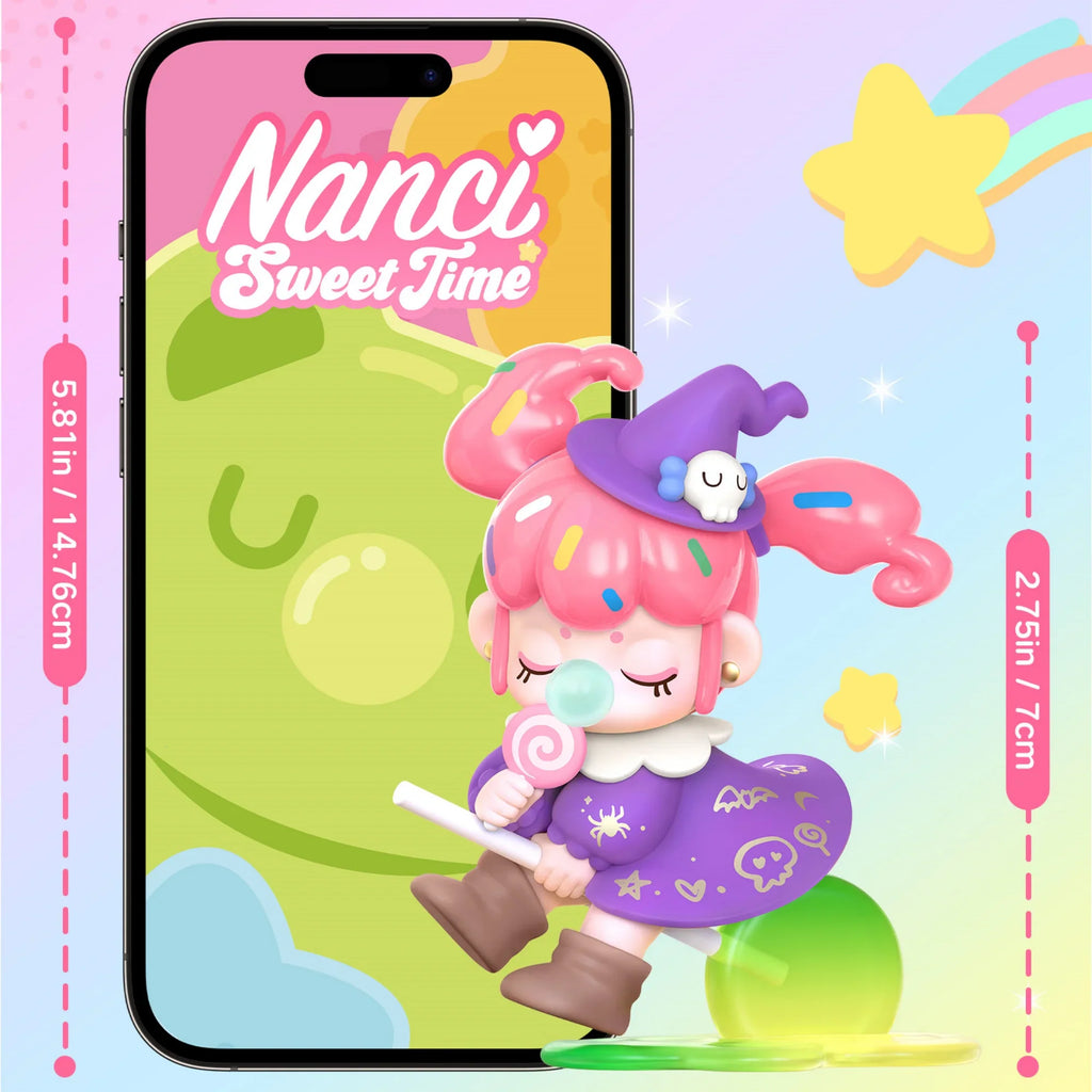 A small witch figurine sitting on a lollipop, displayed in front of a smartphone screen showing brand and series name.