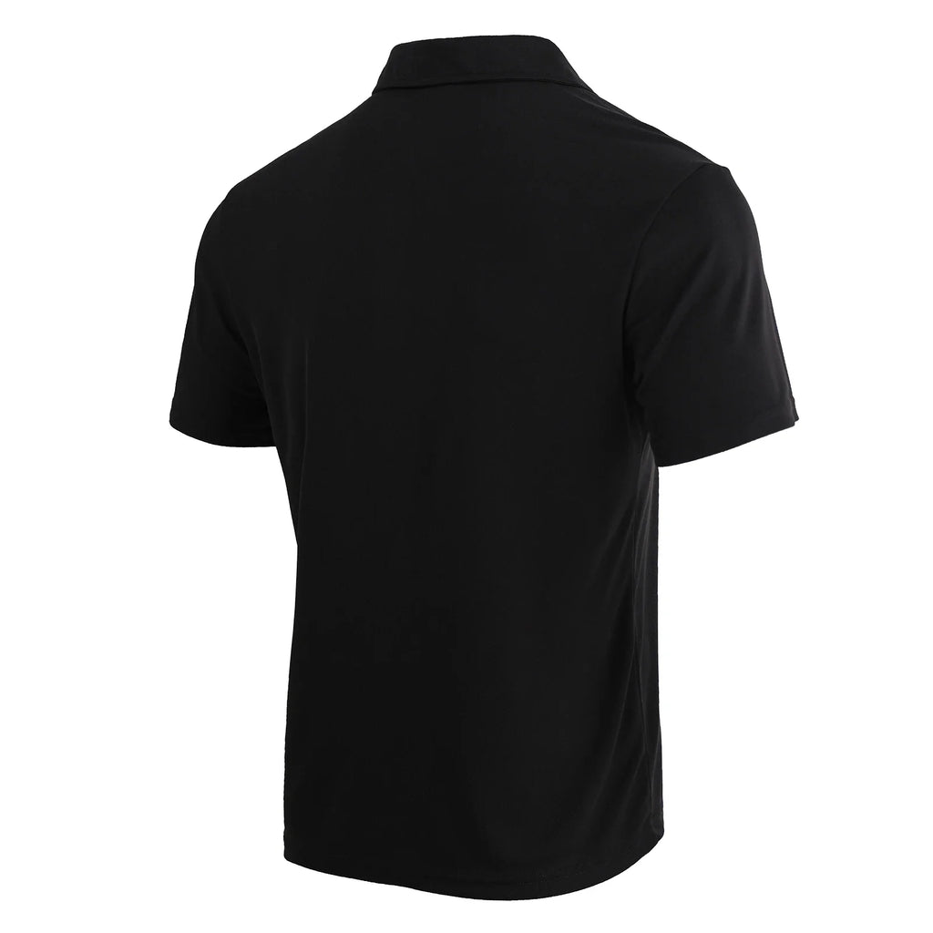 The back view of a solid black men's short-sleeved polo shirt.