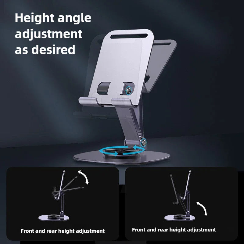 Metal desktop phone holder showing height and angle adjustment features.