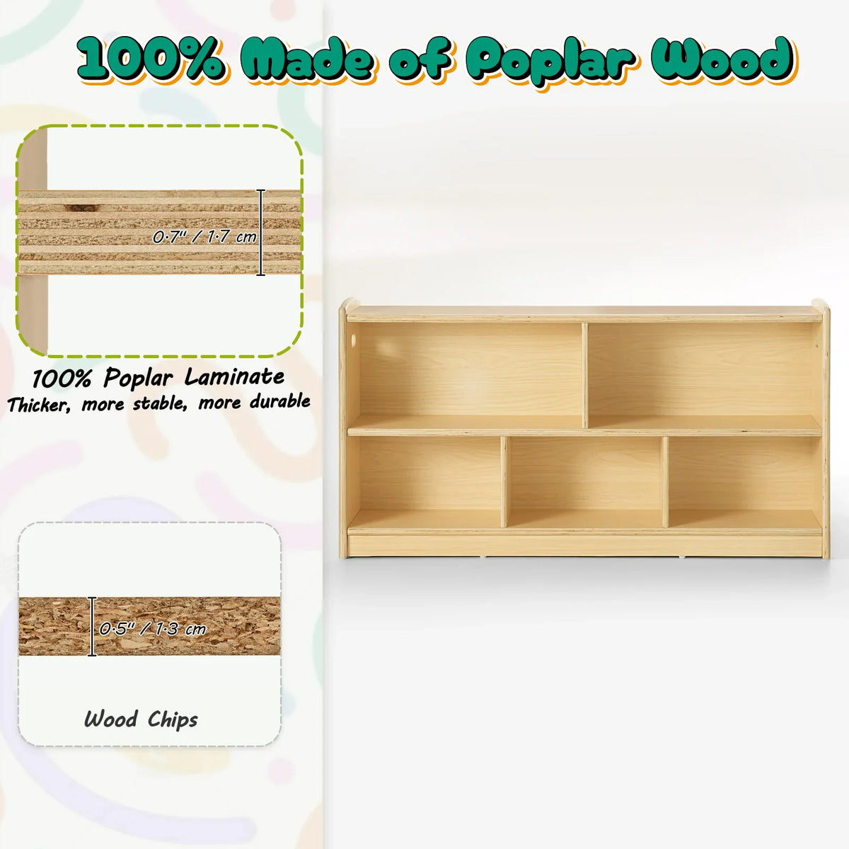 2-tier oak-colored wooden Montessori cabinet for kids' toy and book storage – view 3